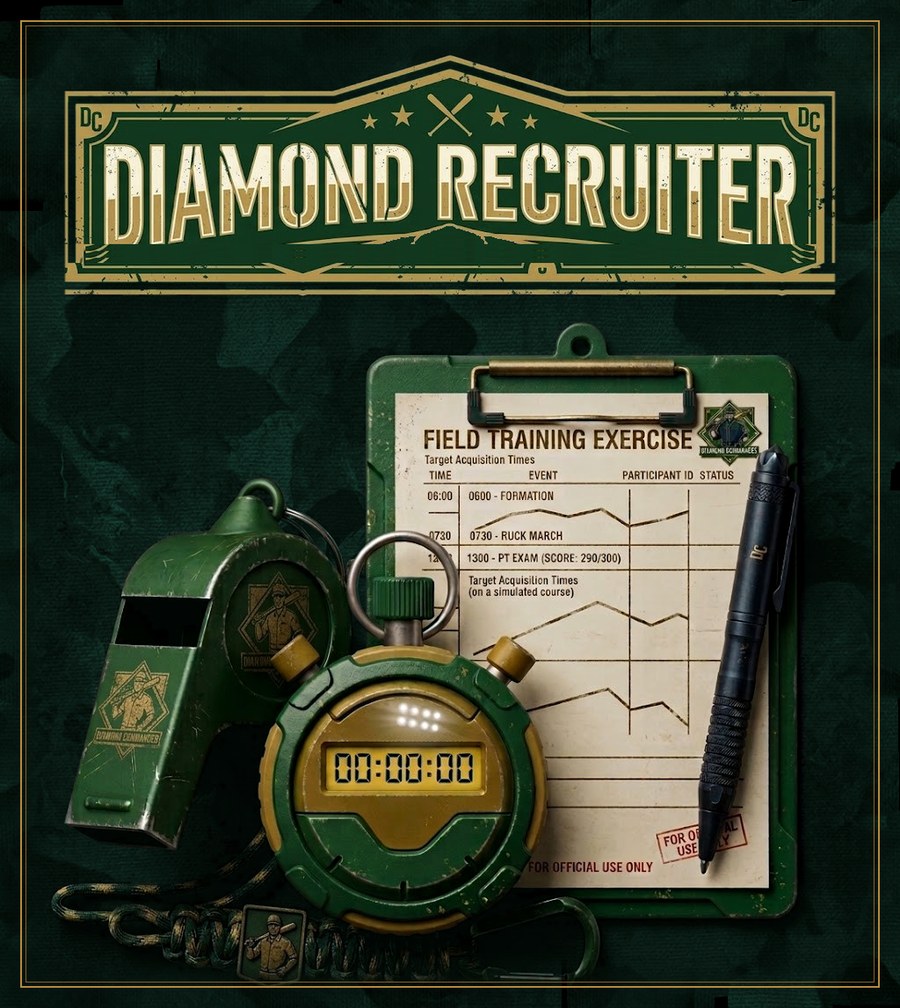 Diamond Recruiter field kit: a green whistle, stopwatch and field training clipboard on Diamond Commander camo, under the Diamond Recruiter plaque