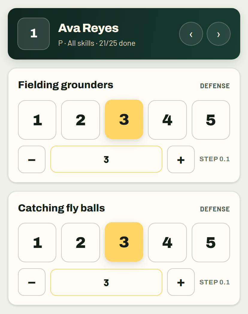 Rating pad showing 1 to 5 tap buttons for two defense skills, with a 0.1 fine-tune row