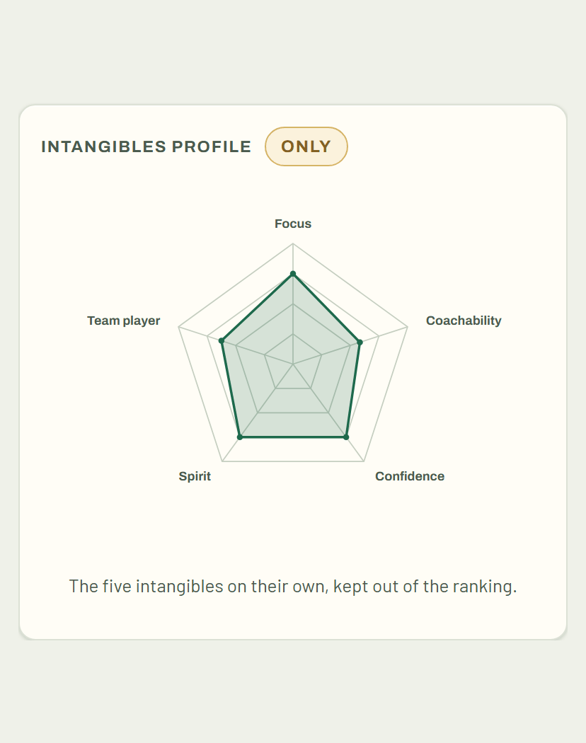 Radar web of the five intangibles: focus, coachability, confidence, spirit and team player